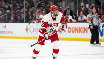 BOSTON, MA - FEBRUARY 7: Jay O'Brien #18 of the Boston University Terriers skates during the third period against the Harvard Crimson during NCAA hockey in the semifinals of the annual Beanpot Hockey Tournament at TD Garden on February 7, 2022 in Boston, Massachusetts. The Terriers won 4-3. (Photo by Richard T Gagnon/Getty Images)