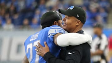 DETROIT, MI - DECEMBER 31: Head coach Jim Caldwell of the Detroit Lions gets a hug from Glover Quin #27 of the Detroit Lions at the end of the game against the Green Bay Packersat Ford Field on December 31, 2017 in Detroit, Michigan. (Photo by Leon Halip/Getty Images)
