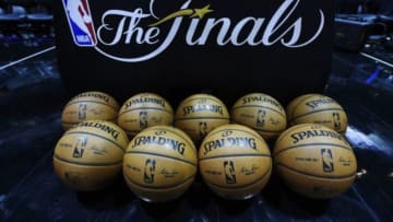 Jun 5, 2014; San Antonio, TX, USA; A view of NBA basketballs and the NBA Finals logo before game one of the 2014 NBA Finals between the San Antonio Spurs and the Miami Heat at AT&T Center. Mandatory Credit: Bob Donnan-USA TODAY Sports