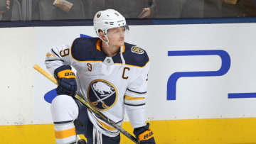 Jack Eichel #9 of the Buffalo Sabres warms up prior to action against the Toronto Maple Leafs.(Photo by Claus Andersen/Getty Images)
