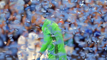 Jul 10, 2016; Kansas City, KS, USA; New York City FC goalkeeper Josh Saunders (12) reacts after allowing a goal from Sporting Kansas City midfielder Jimmy Medranda (not pictured) in the first half of the match at Children