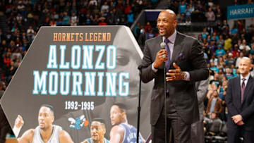 CHARLOTTE, NC - FEBRUARY 05: Former Charlotte Hornet Alonzo Mourning is honored at halftime during the game at the Time Warner Cable Arena on February 05, 2016 in Charlotte, North Carolina. NOTE TO USER: User expressly acknowledges and agrees that, by downloading and or using this photograph, User is consenting to the terms and conditions of the Getty Images License Agreement. Mandatory Copyright Notice: Copyright 2016 NBAE (Photo by Brock Williams-Smith/NBAE via Getty Images)
