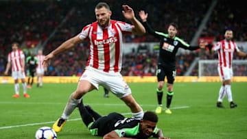 STOKE ON TRENT, ENGLAND - OCTOBER 21: Erik Pieters of Stoke City and Jordon Ibe of AFC Bournemouth clash during the Premier League match between Stoke City and AFC Bournemouth at Bet365 Stadium on October 21, 2017 in Stoke on Trent, England. (Photo by Alex Morton/Getty Images)