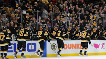 BOSTON, MA - NOVEMBER 29: The Boston Bruins celebrate the goal against the New York Rangers at the TD Garden on November 29, 2019 in Boston, Massachusetts. (Photo by Steve Babineau/NHLI via Getty Images)