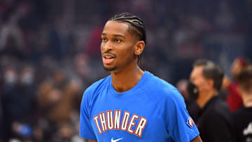 Shai Gilgeous-Alexander #2 of the Oklahoma City Thunder warms up prior to the game against the Cleveland Cavaliers at Rocket Mortgage Fieldhouse on January 22, 2022 in Cleveland, Ohio. (Photo by Jason Miller/Getty Images)
