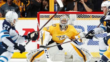 NASHVILLE, TN - MAY 10: Juuse Saros #74 of the Nashville Predators tends net against the Winnipeg Jets in Game Seven of the Western Conference Second Round during the 2018 NHL Stanley Cup Playoffs at Bridgestone Arena on May 10, 2018 in Nashville, Tennessee. (Photo by John Russell/NHLI via Getty Images) *** Local Caption *** Juuse Saros