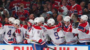 BUFFALO, NY - OCTOBER 9:Ben Chiarot #8 of the Montreal Canadiens celebrates his third period goal during an NHL game against the Buffalo Sabres on October 9, 2019 at KeyBank Center in Buffalo, New York. (Photo by Bill Wippert/NHLI via Getty Images)