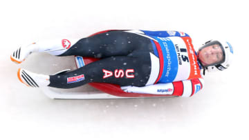 LAKE PLACID, NY - DECEMBER 16: Erin Hamlin of the United States completes her first run in the Women's competition of the Viessmann FIL Luge World Cup at Lake Placid Olympic Center on December 16, 2017 in Lake Placid, New York. (Photo by Maddie Meyer/Getty Images)