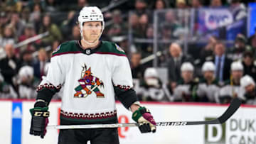 Nov 27, 2022; Saint Paul, Minnesota, USA; Arizona Coyotes defenseman Jakob Chychrun (6) looks on during the third period against the Minnesota Wild at Xcel Energy Center. Mandatory Credit: Brace Hemmelgarn-USA TODAY Sports