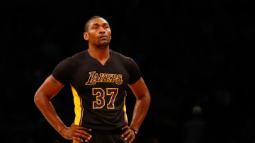 NEW YORK, NY - NOVEMBER 06: Metta World Peace #37 of the Los Angeles Lakers in action against the Brooklyn Nets 104-98 at the Barclays Center on November 6, 2015 in Brooklyn borough of New York City. Lakers defeated the Nets 104-98. NOTE TO USER: User expressly acknowledges and agrees that, by downloading and or using this photograph, User is consenting to the terms and conditions of the Getty Images License Agreement. (Photo by Mike Stobe/Getty Images)