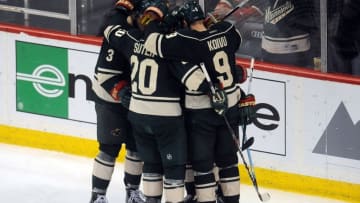 Apr 24, 2016; Saint Paul, MN, USA; Minnesota Wild celebrate a goal by defenseman Jared Spurgeon (46) during the third period against the Dallas Stars in game six of the first round of the 2016 Stanley Cup Playoffs at Xcel Energy Center. The Stars win 5-4 over the Wild. Mandatory Credit: Marilyn Indahl-USA TODAY Sports