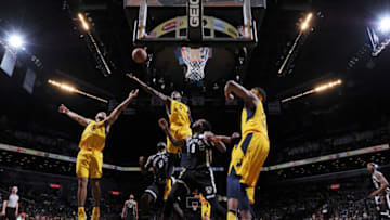 BROOKLYN, NY - FEBRUARY 14: Victor Oladipo #4 of the Indiana Pacers rebounds the ball during the game against the Brooklyn Nets on February 14, 2018 at Barclays Center in Brooklyn, New York. NOTE TO USER: User expressly acknowledges and agrees that, by downloading and or using this Photograph, user is consenting to the terms and conditions of the Getty Images License Agreement. Mandatory Copyright Notice: Copyright 2018 NBAE (Photo by Matteo Marchi/NBAE via Getty Images)