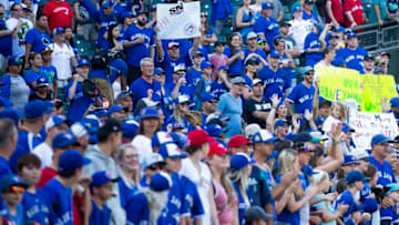 SEATTLE, WA - AUGUST 04: Blue Jays fans watch batting practice before the game against the Seattle Mariners at Safeco Field on August 4, 2018 in Seattle, Washington. (Photo by Lindsey Wasson/Getty Images)