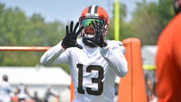 BEREA, OHIO - JULY 28: Wide receiver Odell Beckham Jr. #13 of the Cleveland Browns runs a drill during the first day of Cleveland Browns Training Camp on July 28, 2021 in Berea, Ohio. (Photo by Jason Miller/Getty Images)