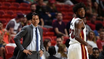 Oct 11, 2016; Miami, FL, USA; Miami Heat head coach Erik Spoelstra looks on during the first half against the Brooklyn Nets at American Airlines Arena. Mandatory Credit: Steve Mitchell-USA TODAY Sports
