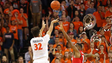 Nov 30, 2016; Charlottesville, VA, USA; Virginia Cavaliers guard London Perrantes (32) shoots the ball over Ohio State Buckeyes guard Joey Lane (14) in the first half at John Paul Jones Arena. Mandatory Credit: Geoff Burke-USA TODAY Sports