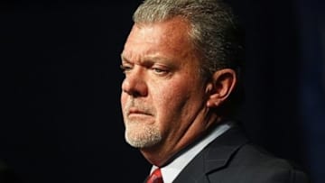 Mar 7, 2012; Indianapolis, IN, USA; Indianapolis Colts owner Jim Irsay announces that Peyton Manning (not pictured) will be released from the team during a press conference at the Indiana Farm Bureau Football Center. Mandatory Credit: Brian Spurlock-US PRESSWIRE