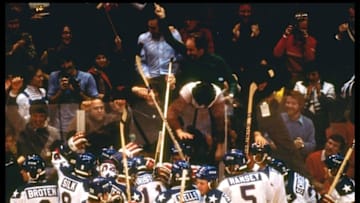 22 Feb 1980: The USA Team celebrates their 4-3 victory over Russia in the semi-final of the Ice Hockey competition of the 1980 Winter Olympic Games in Lake Placid, USA. The game was dubbed "The Miracle on Ice", and the USA went on to win the gold medal