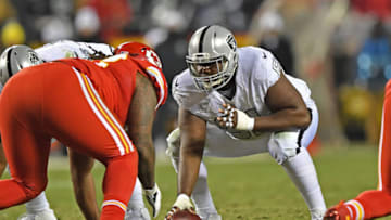 KANSAS CITY, MO - DECEMBER 08: Center Rodney Hudson #61 of the Oakland Raiders gets set to snap the ball against the Kansas City Chiefs during the second half on December 8, 2016 at Arrowhead Stadium in Kansas City, Missouri. (Photo by Peter G. Aiken/Getty Images)