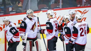Jan 7, 2016; Calgary, Alberta, CAN; Arizona Coyotes goalie Louis Domingue (35) celebrate win with teammates against the Calgary Flames during the third period at Scotiabank Saddledome. Arizona Coyotes won 2-1. Mandatory Credit: Sergei Belski-USA TODAY Sports