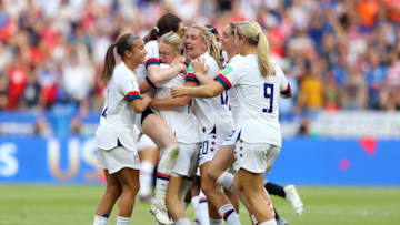 LYON, FRANCE - JULY 07: Rose Lavelle of the USA celebrates with Emily Sonnett and teammates following the 2019 FIFA Women's World Cup France Final match between The United States of America and The Netherlands at Stade de Lyon on July 07, 2019 in Lyon, France. (Photo by Richard Heathcote/Getty Images)