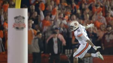Jan 6, 2014; Pasadena, CA, USA; Auburn Tigers defensive end Dee Ford (30) celebrates during the second half of the 2014 BCS National Championship game against the Florida State Seminoles at the Rose Bowl. Mandatory Credit: Kirby Lee-USA TODAY Sports