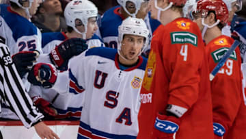 VANCOUVER, BC - JANUARY 4: Sasha Chmelevski #8 of the United States celebrates with his teammates after scoring against Russia in Semifinals hockey action of the 2019 IIHF World Junior Championship on January, 4, 2019 at Rogers Arena in Vancouver, British Columbia, Canada. (Photo by Rich Lam/Getty Images)