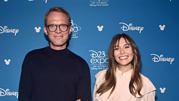 ANAHEIM, CALIFORNIA - AUGUST 23: (L-R) Paul Bettany and Elizabeth Olsen of 'WandaVision' took part today in the Disney+ Showcase at Disney’s D23 EXPO 2019 in Anaheim, Calif. 'WandaVision' will stream exclusively on Disney+, which launches November 12. (Photo by Alberto E. Rodriguez/Getty Images for Disney)