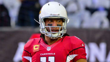 Dec 18, 2016; Glendale, AZ, USA; Arizona Cardinals wide receiver Larry Fitzgerald (11) looks on prior to the game against the New Orleans Saints at University of Phoenix Stadium. Mandatory Credit: Matt Kartozian-USA TODAY Sports