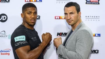 COLOGNE, GERMANY - FEBRUARY 16: Anthony Joshua and Wladimir Klitschko pose at the photocall during the press conference with Anthony Joshua and Wladimir Klitschko at RTL media group mall on February 16, 2017 in Cologne, Germany. (Photo by Alexander Scheuber/Bongarts/Getty Images)
