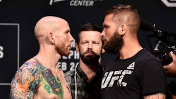 ORLANDO, FL - FEBRUARY 23: (L-R) Opponents Josh Emmett and Jeremy Stephens face off during the UFC Fight Night Weigh-in at Amway Center on February 23, 2018 in Orlando, Florida. (Photo by Jeff Bottari/Zuffa LLC/Zuffa LLC via Getty Images)