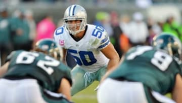 October 20, 2013; Philadelphia, PA, USA; Dallas Cowboys middle linebacker Sean Lee (50) during second half action against the Philadelphia Eagles at Lincoln Financial Field. Mandatory Credit: Jeffrey Pittenger-USA TODAY Sports