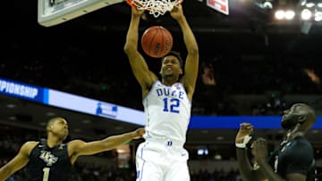 COLUMBIA, SOUTH CAROLINA - MARCH 24: Javin DeLaurier #12 of the Duke Blue Devils dunks the ball against the UCF Knights during the second half in the second round game of the 2019 NCAA Men's Basketball Tournament at Colonial Life Arena on March 24, 2019 in Columbia, South Carolina. (Photo by Kevin C. Cox/Getty Images)