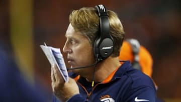 Sep 7, 2014; Denver, CO, USA; Denver Broncos defensive coordinator Jack Del Rio during the second half against the against the Indianapolis Colts at Sports Authority Field at Mile High. Mandatory Credit: Chris Humphreys-USA TODAY Sports