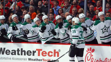 Mar 22, 2016; Chicago, IL, USA; Dallas Stars center Vernon Fiddler (38) is congratulated for scoring a goal during the first period against the Chicago Blackhawks at the United Center. Mandatory Credit: Dennis Wierzbicki-USA TODAY Sports