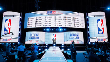 The results of the first round of the 2021 NBA Draft are shown on the pictured board. (Photo by Arturo Holmes/Getty Images)