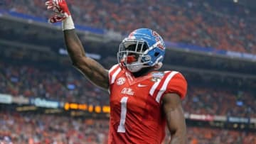 Jan 1, 2016; New Orleans, LA, USA; Mississippi Rebels wide receiver Laquon Treadwell (1) celebrates his ten-yard touchdown catch against the Oklahoma State Cowboys in the second quarter of the 2016 Sugar Bowl at the Mercedes-Benz Superdome. Mandatory Credit: Chuck Cook-USA TODAY Sports
