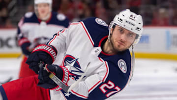 CHICAGO, IL - FEBRUARY 16: Columbus Blue Jackets defenseman Ryan Murray (27) warms up prior to a game between the Columbus Blue Jackets and the Chicago Blackhawks on February 16, 2019, at the United Center in Chicago, IL. (Photo by Patrick Gorski/Icon Sportswire via Getty Images)