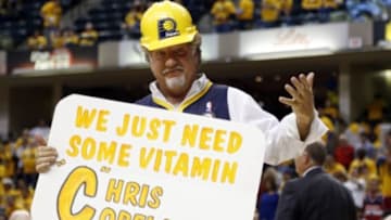 May 5, 2014; Indianapolis, IN, USA; Indiana Pacers fan holds up a sign in support of forward Chris Copeland during a game against the Washington Wizards in game one of the second round of the 2014 NBA Playoffs at Bankers Life Fieldhouse. Washington won 102-96. Mandatory Credit: Brian Spurlock-USA TODAY Sports