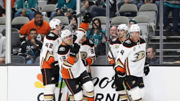 SAN JOSE, CA - OCTOBER 03: Max Comtois #53 of the Anaheim Ducks celebrates with teammates after scoring his first NHL goal against the San Jose Sharks at SAP Center on October 3, 2018 in San Jose, California. (Photo by Ezra Shaw/Getty Images)