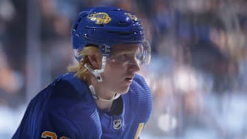 BUFFALO, NEW YORK - NOVEMBER 08: Rasmus Dahlin #26 of the Buffalo Sabres takes the ice before the game against the Arizona Coyotes at KeyBank Center on November 08, 2022 in Buffalo, New York. (Photo by Joshua Bessex/Getty Images)