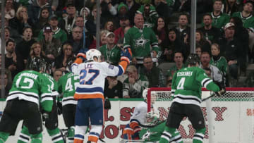 DALLAS, TX - DECEMBER 23: Anders Lee #27 and the New York Islanders celebrate a goal against the Dallas Stars at the American Airlines Center on December 23, 2018 in Dallas, Texas. (Photo by Glenn James/NHLI via Getty Images)