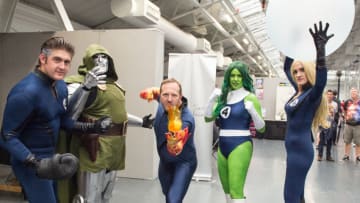 LONDON, ENGLAND - JULY 27: A Fantastic 4 Cosplay group consisting of Reed Richards (Mr. Fantastic), Doctor Victor Von Doom ( Dr Doom) Johnny Storm (The Human Torch), Ben Grimm (The Thing), Jennifer Walters (She Hulk) and Sue Storm (Invisible Woman) seen during London Film and Comic Con 2019 at Olympia London on July 27, 2019 in London, England. (Photo by Ollie Millington/Getty Images)