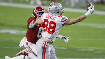 Jan. 11, 2021; Miami Gardens, Florida, USA; Ohio State Buckeyes tight end Jeremy Ruckert (88) catches a pass over the middle past Alabama Crimson Tide linebacker Christian Harris (8) during the first quarter of the College Football Playoff National Championship at Hard Rock Stadium in Miami Gardens, Fla. Mandatory Credit: Kyle Robertson/The Columbus Dispatch/USA TODAY NetworkNcaa Football Cfp National Championship Ohio State Vs Alabama