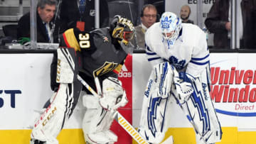 LAS VEGAS, NV - FEBRUARY 14: Malcolm Subban #30 of the Vegas Golden Knights and Garret Sparks #40 of the Toronto Maple Leafs talk during warmups prior to their game at T-Mobile Arena on February 14, 2019 in Las Vegas, Nevada. (Photo by Jeff Bottari/NHLI via Getty Images)