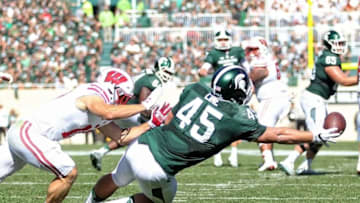 Sep 24, 2016; East Lansing, MI, USA; Michigan State Spartans fullback Prescott Line (45) attempts to make a catch against the Wisconsin Badgers during the first half of a game at Spartan Stadium. Mandatory Credit: Mike Carter-USA TODAY Sports