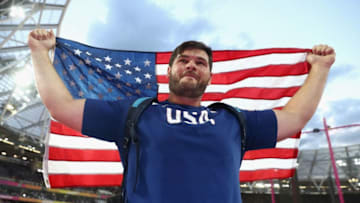 LONDON, ENGLAND - AUGUST 05: Mason Finley of the United States holds his national flah aloft following finishing third in the Mens Discus Final during day two of the 16th IAAF World Athletics Championships London 2017 at The London Stadium on August 5, 2017 in London, United Kingdom. (Photo by Alexander Hassenstein/Getty Images for IAAF)
