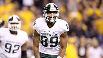 INDIANAPOLIS, IN - DECEMBER 05: Shilique Calhoun #89 of the Michigan State Spartans celebreates after making a play against the Iowa Hawkeyes in the Big Ten Championship at Lucas Oil Stadium on December 5, 2015 in Indianapolis, Indiana. (Photo by Andy Lyons/Getty Images)