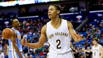 Mar 31, 2016; New Orleans, LA, USA; New Orleans Pelicans guard Tim Frazier (2) reacts after scoring against the Denver Nuggets during the second half at the Smoothie King Center. The Pelicans won 101-95. Mandatory Credit: Derick E. Hingle-USA TODAY Sports