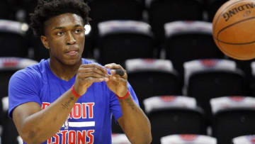 Apr 24, 2016; Auburn Hills, MI, USA; Detroit Pistons forward Stanley Johnson (3) warms up before game four of the first round of the NBA Playoffs against the Cleveland Cavaliers at The Palace of Auburn Hills. Mandatory Credit: Raj Mehta-USA TODAY Sports